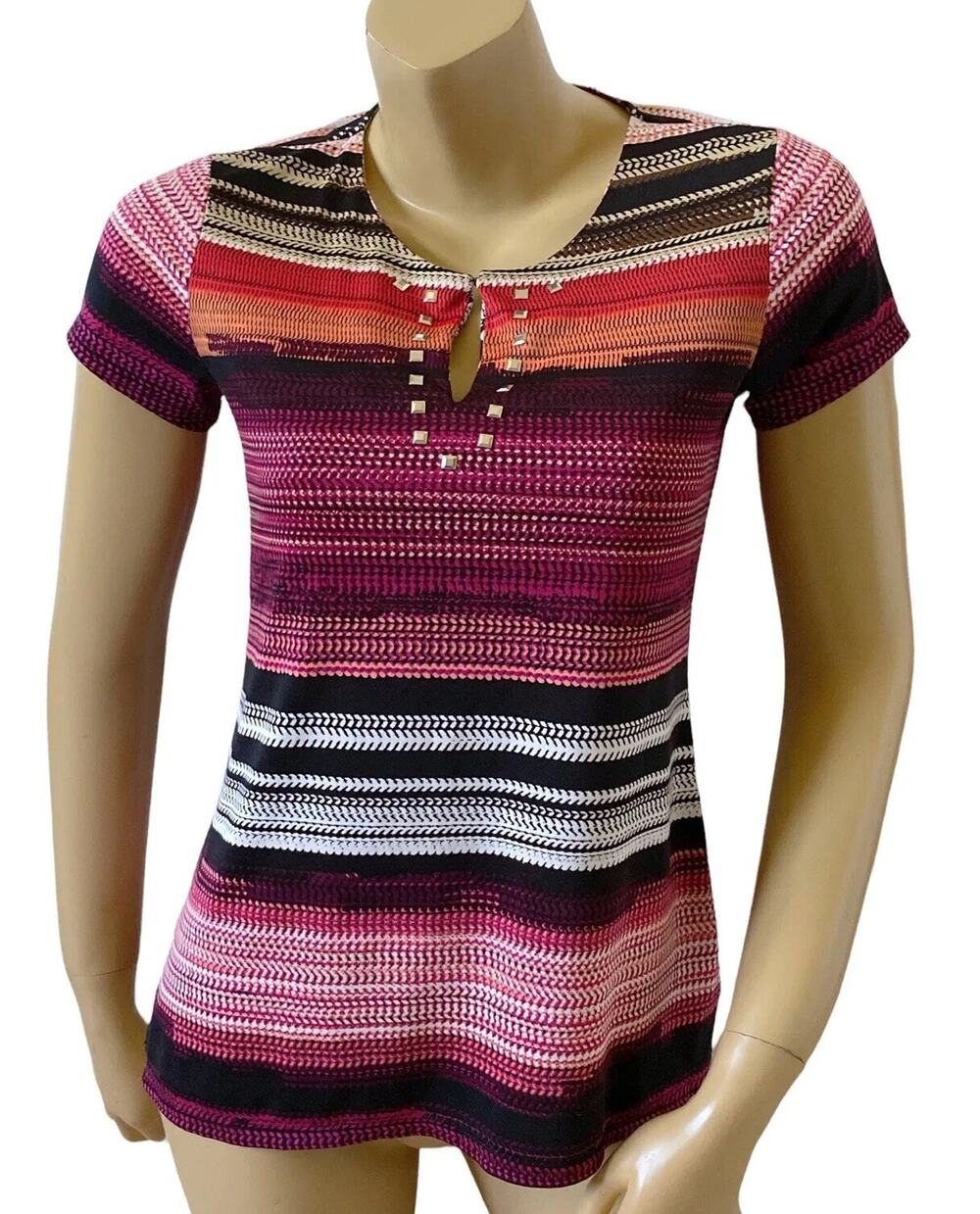 Notations Top Womens Petite PS Keyhole Embellished Striped Short Sleeve Stretch